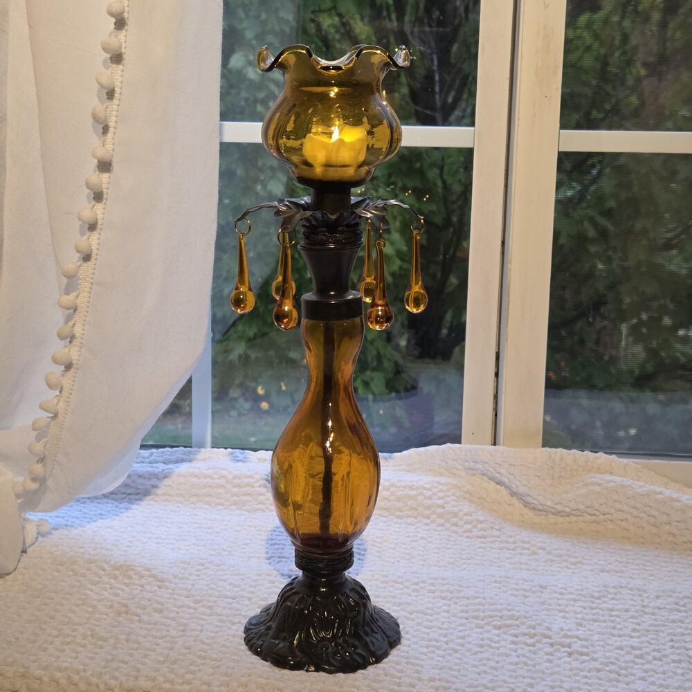 Vintage Amber Glass Candle Holder Votive Cup Teardrop Crystals Gorgeous